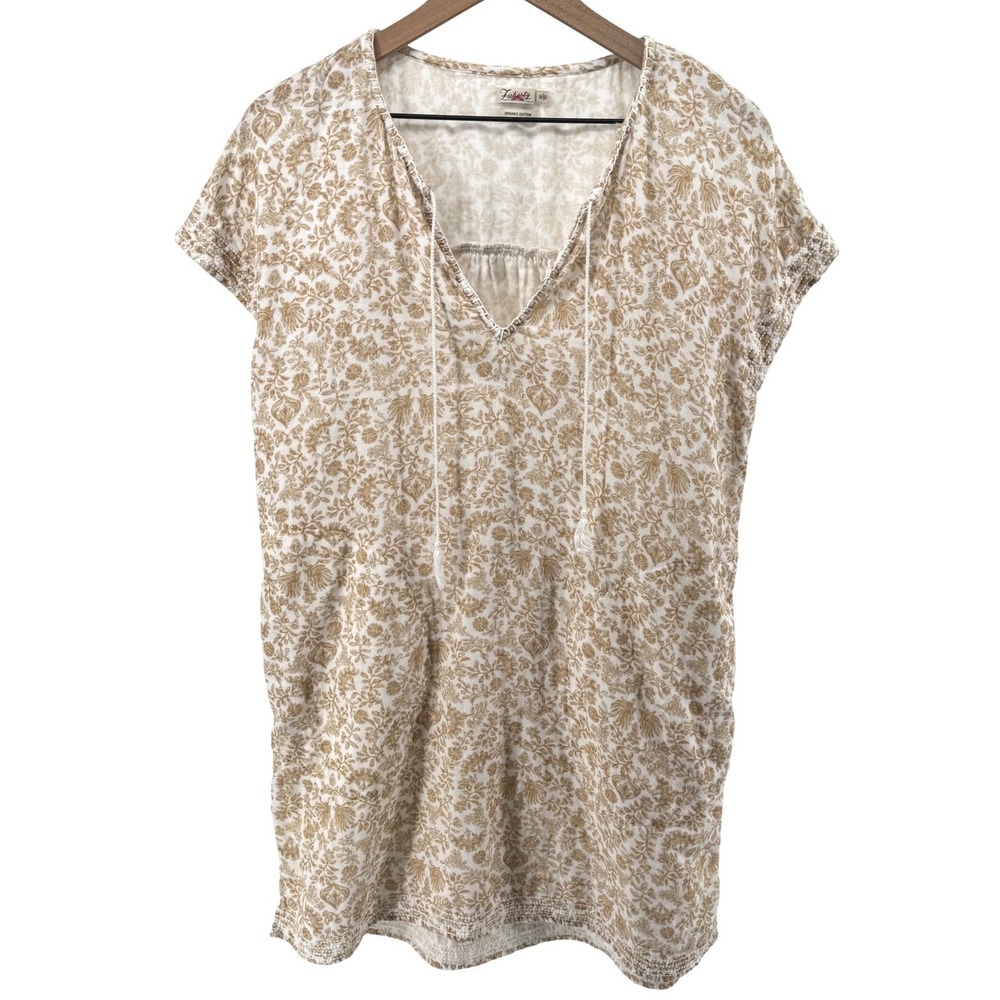 Faherty‎ Ninie Dress Women Medium Tan Floral Organic Cotton Boho Coastal Mini